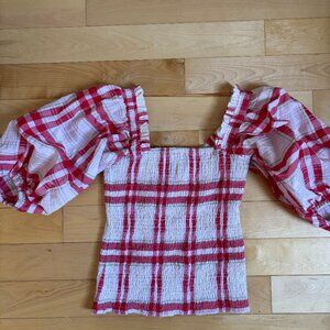 GANNI red plaid shirred puff sleeve top